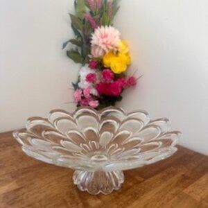 Vintage Frosted & Clear Glass Pedestal Bowl‎ – Floral Design, Elegant Serving